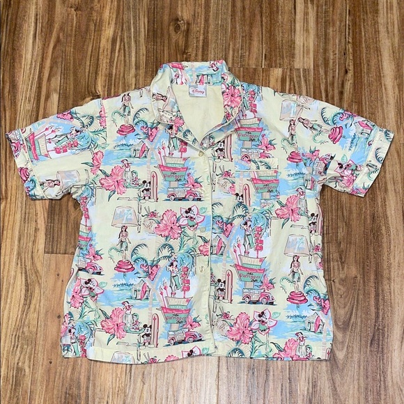 Disney women’s medium 8 10 Shirt  button up Hawaiian Print yellow Mickey Minnie - Picture 1 of 8